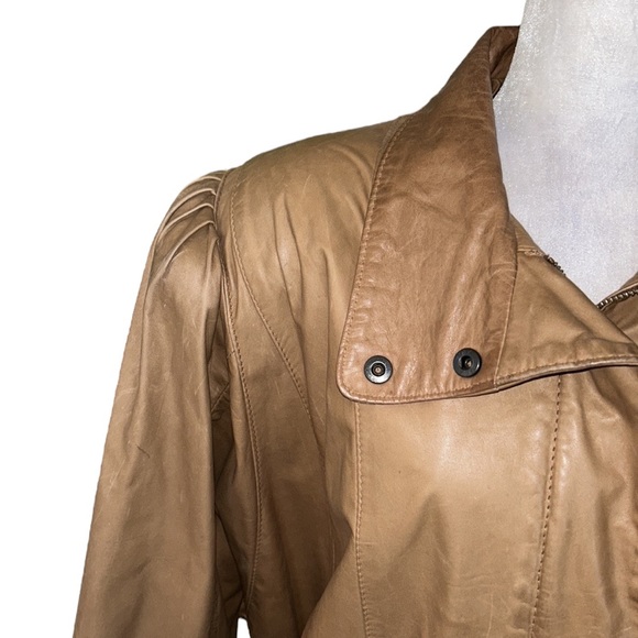Vintage Georgetown Leather Tan Leather 80s Pleated Dolman Puff Sleeve Jacket - S - Picture 5 of 16